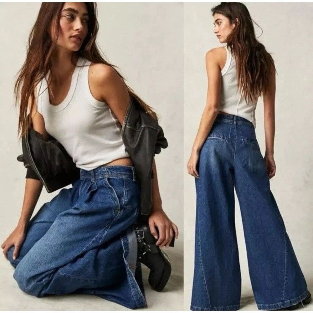 We The Free People Equinox Denim Trousers Jeans Wide Leg RITUAL BLUE Sz 28 Boho